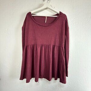 Free People Womens Burgundy Scoop Neck Long Sleeve Babydoll Top Small Stretch